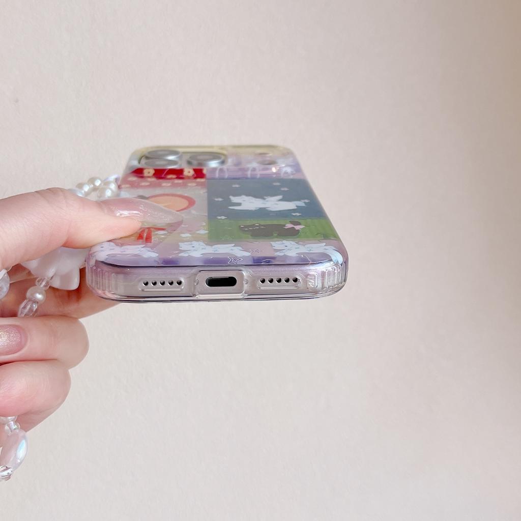 Kawaii Patchwork Einhorn & Katze Muster Perlen Pony Anhänger Riemen Handyhülle für iPhone 17 16 15 14 11 12 13 Pro Max Plus Rückseite