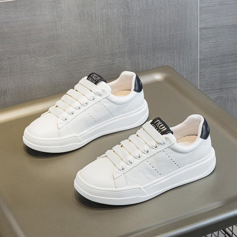 Women's Classic Genuine Leather White Sneakers - Retro Style, Thick Sole, Versatile Casual Skate Shoes