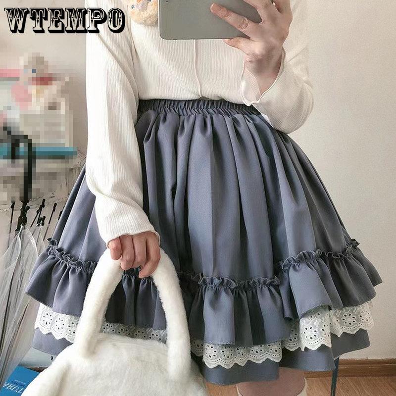 WTEMPO Fuste Lolita din dantelă Kawaii Femei Harajuku Vintage Volane Patchwork cu talie elastică Mini-fuste Moale Fată japonez Streetwear