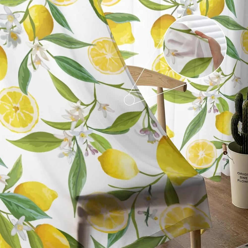 Cortinas Transparentes Cor Limão Comprimento 84 Polegadas Conjunto de 1 Painel, Cortinas Semi para Porta Jardim de Verão Frutas Limão e Folhas, Bolso para Varão