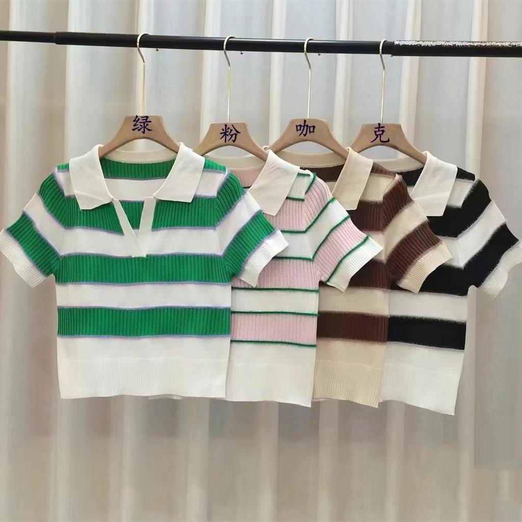 Fashion College Style Short-sleeved Knit Sweater Female Summer Color Collision Striped Thin T-shirt Tops Casual Essential Slim Fit Pullovers Tees