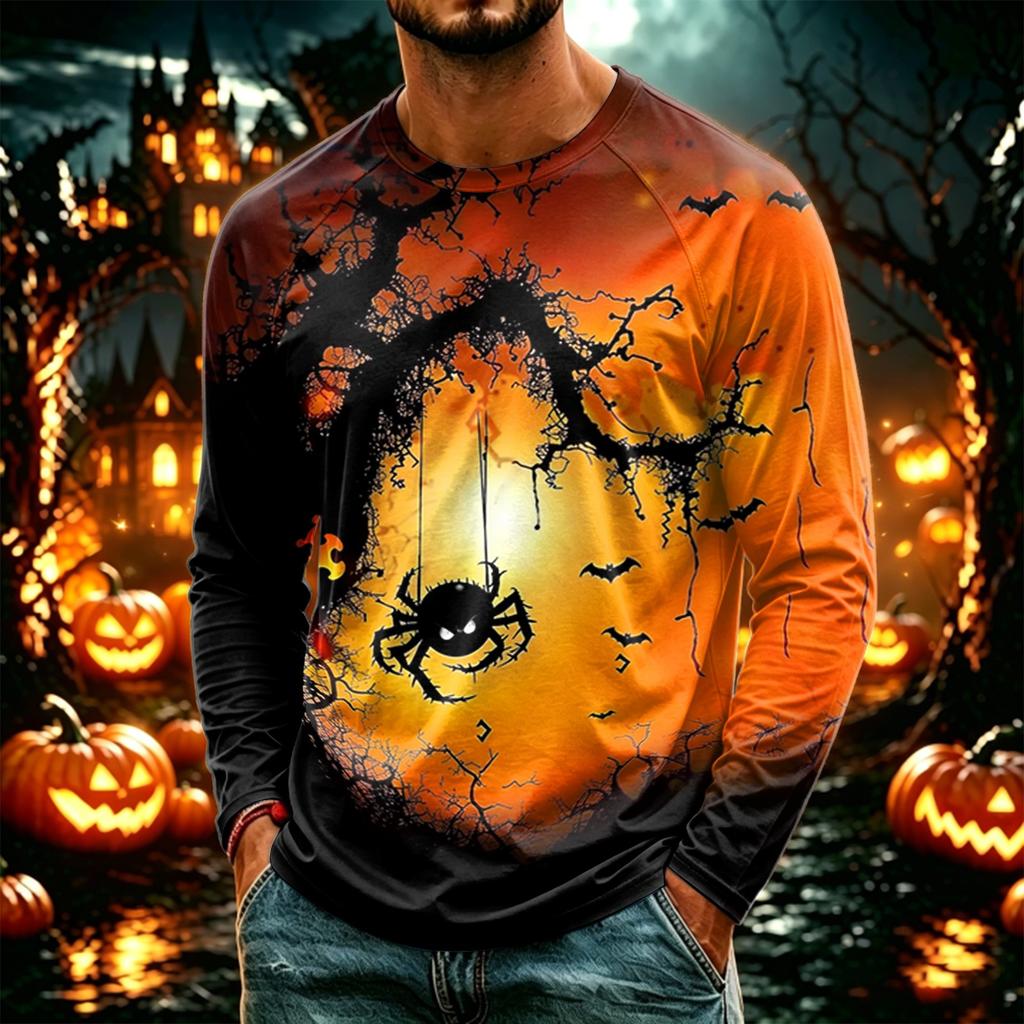 Men's Casual Halloween Print Neck Long Sleeve T-Shirt Lightweight for Daily Wear