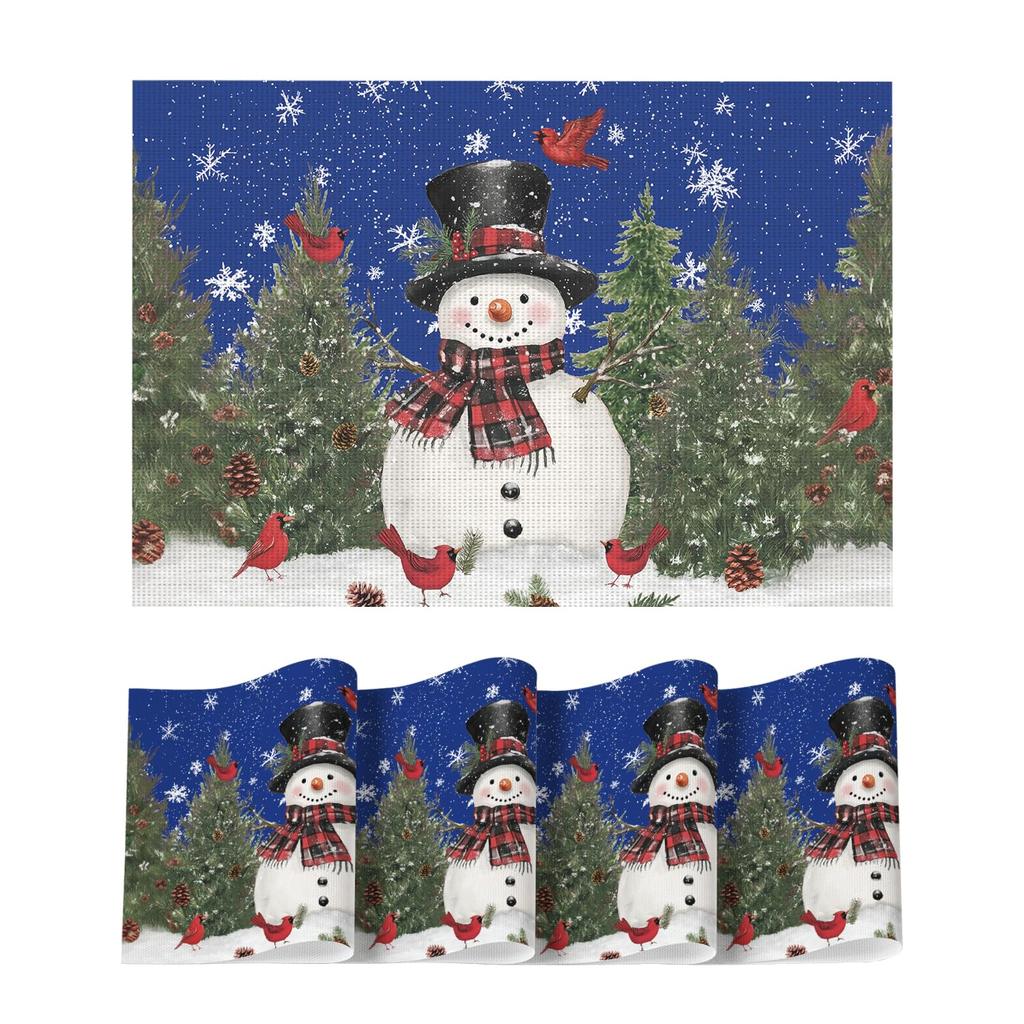 Snowman Trees Winter Floral Vinyl Placemats Set of 4, Wipeable Red Christmas PVC Woven Table Mats for Party Kitchen Dining Decor, 12x18 Inch