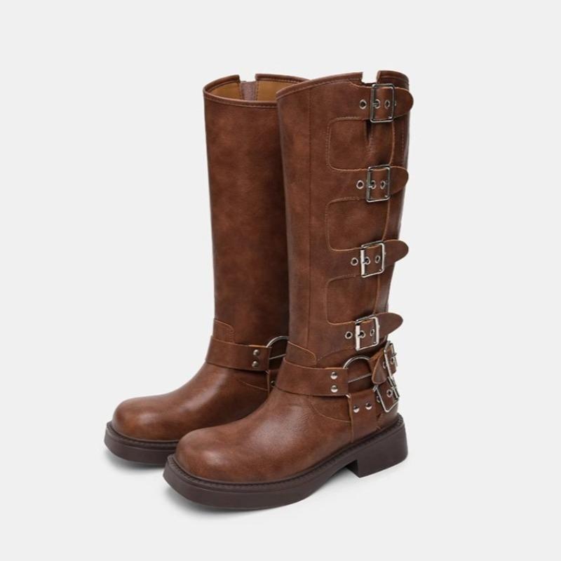 

Мода Мода Металлическая Пряжка Ремня Ботильоны на Блочном Каблуке Женские Новые Ретро Круглый Носок Платформа Без Колена Бедра Западные Высокие Сапоги 40 темно-коричневого