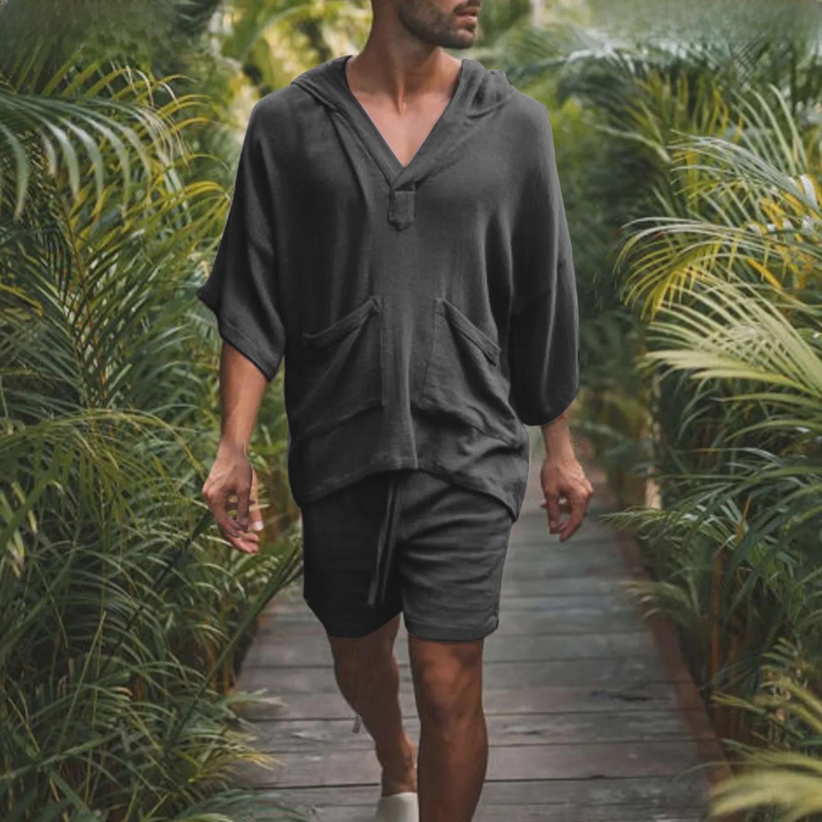 

2023 Мужской повседневный костюм из хлопка и льна с короткими рукавами Medium чёрный