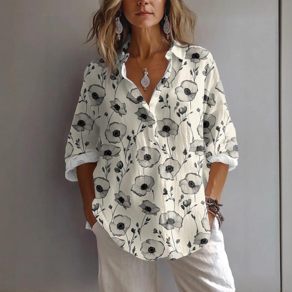 Chemise Pullover Décontractée à Revers et Manches Décontractées Imprimée Ample pour Femmes Printemps et Été