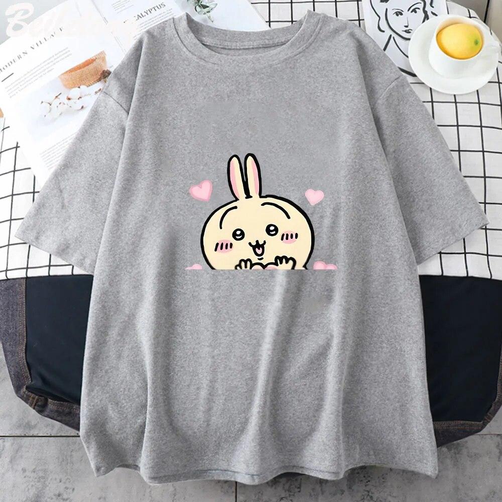 Chiikawa Cat T-Shirt, lässig, Unisex/Damen, Kawaii-Cartoon-Druck, 100 % Baumwolle, Harajuku-Oberteil, Sommer, Vintage, kurzärmeliges T-Shirt, Unisex-T-Shirt