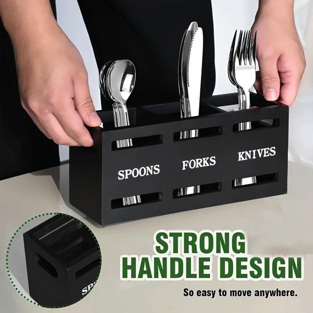 3 Compartments Cutlery Holder Wooden Storage Rack Portable Kitchen Utensil Holder  Table Countertop