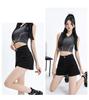 2025 Spring/Summer Women's High-Waisted A-Line Black Denim Shorts: Loose, Slimming, Wide-Leg, Rolled Hem Style