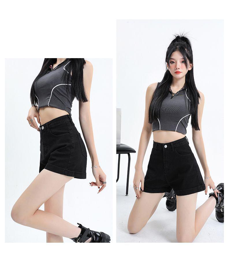 2025 Spring/Summer Women's High-Waisted A-Line Black Denim Shorts: Loose, Slimming, Wide-Leg, Rolled Hem Style