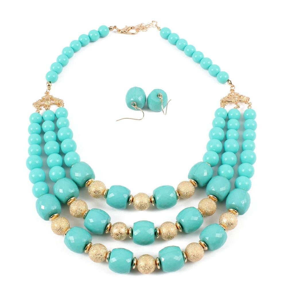 European And American Personalized Earrings Necklace 2-Piece Jewelry, Gold Matte Beads Multi-Layer Beaded Simple And Atmospheric Versatile Necklace