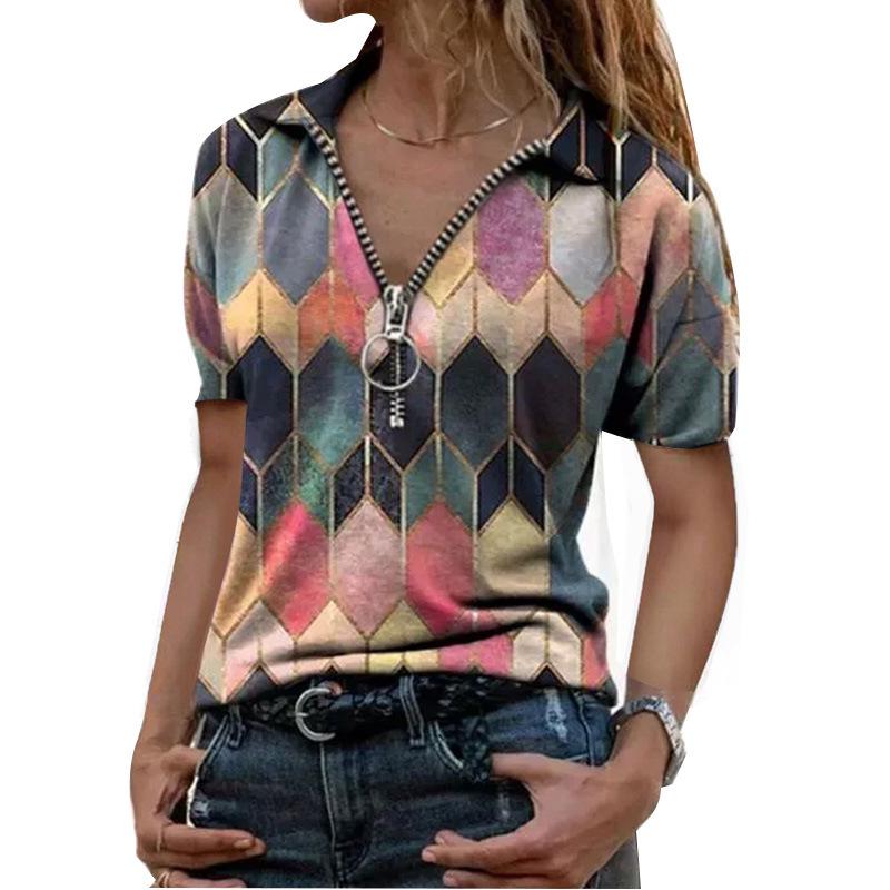 2024 Plus Size V-Neck Printed Zipper Lapel Short-Sleeve Women's Top