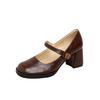 Cowhide Version~ Genuine Leather French Mary Jane Shoes Women's College Style Retro Square Head One-word Buckle Light Mouth Single Shoes High Heels