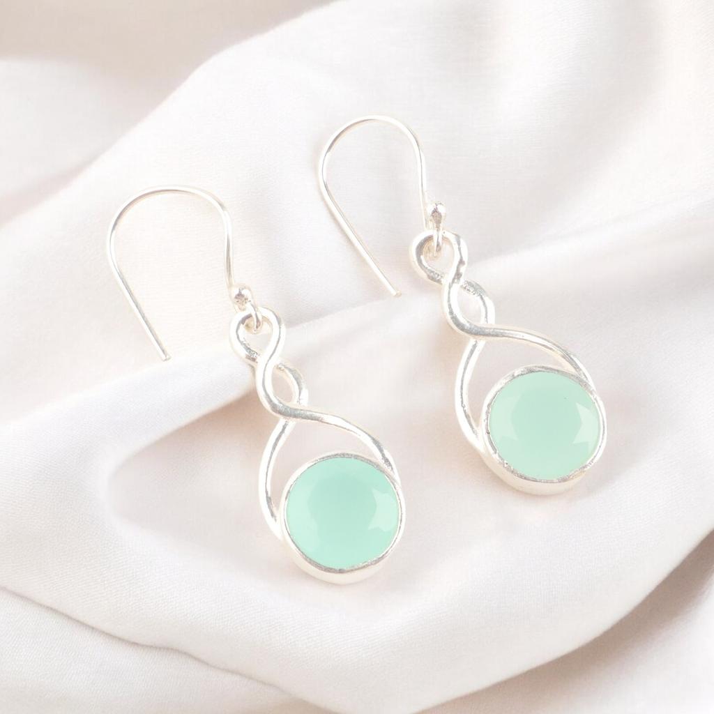 Natural Aqua Chalcedony Gemstone 925 Stamped Silver Dangle Earrings For Women's CE-15-15