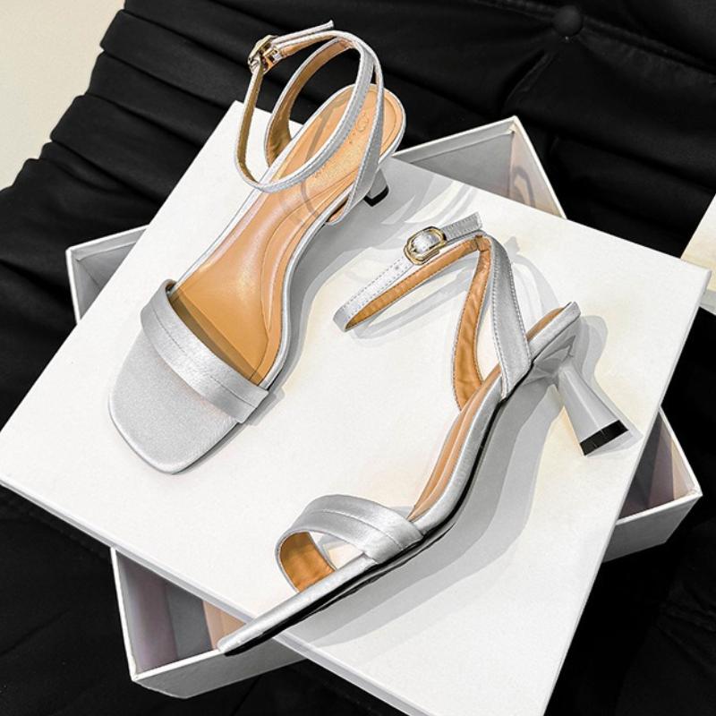 

Fashion High Quality Silver Ankle Buckle Heeled Sandals Women Fashion Square Toe Open Toe Slide Sandals Concise Comfort Sandalias Mujer 40 серебряный