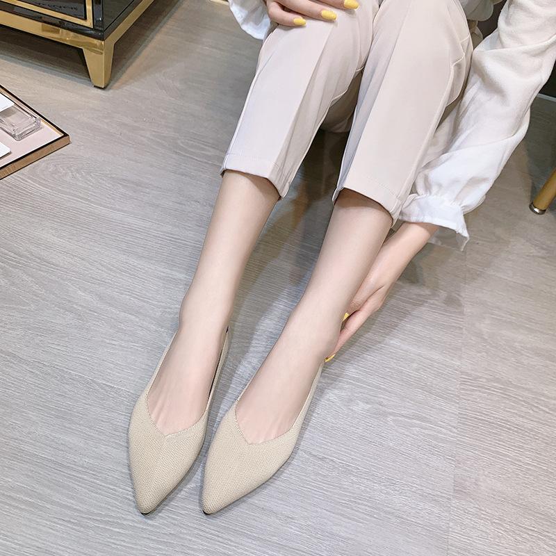 Vevde sko vår og høst fly-vevd lav munn flat bunn myk såle mykt skinn spisse single sko dame