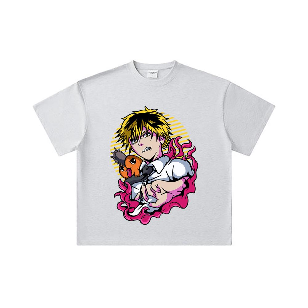 260 GSM Double Yarn 32 Count 100% Cotton Chainsaw Man V4 Denji Pochita Print Unisex Heavy Cotton T Shirt