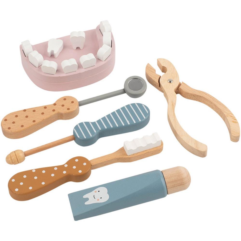 6pcs/set Little Doctor Theme Wooden Doctor Playset Brush Teeth Tool Oral Care Play Oral Dental Set Dentist Role Play