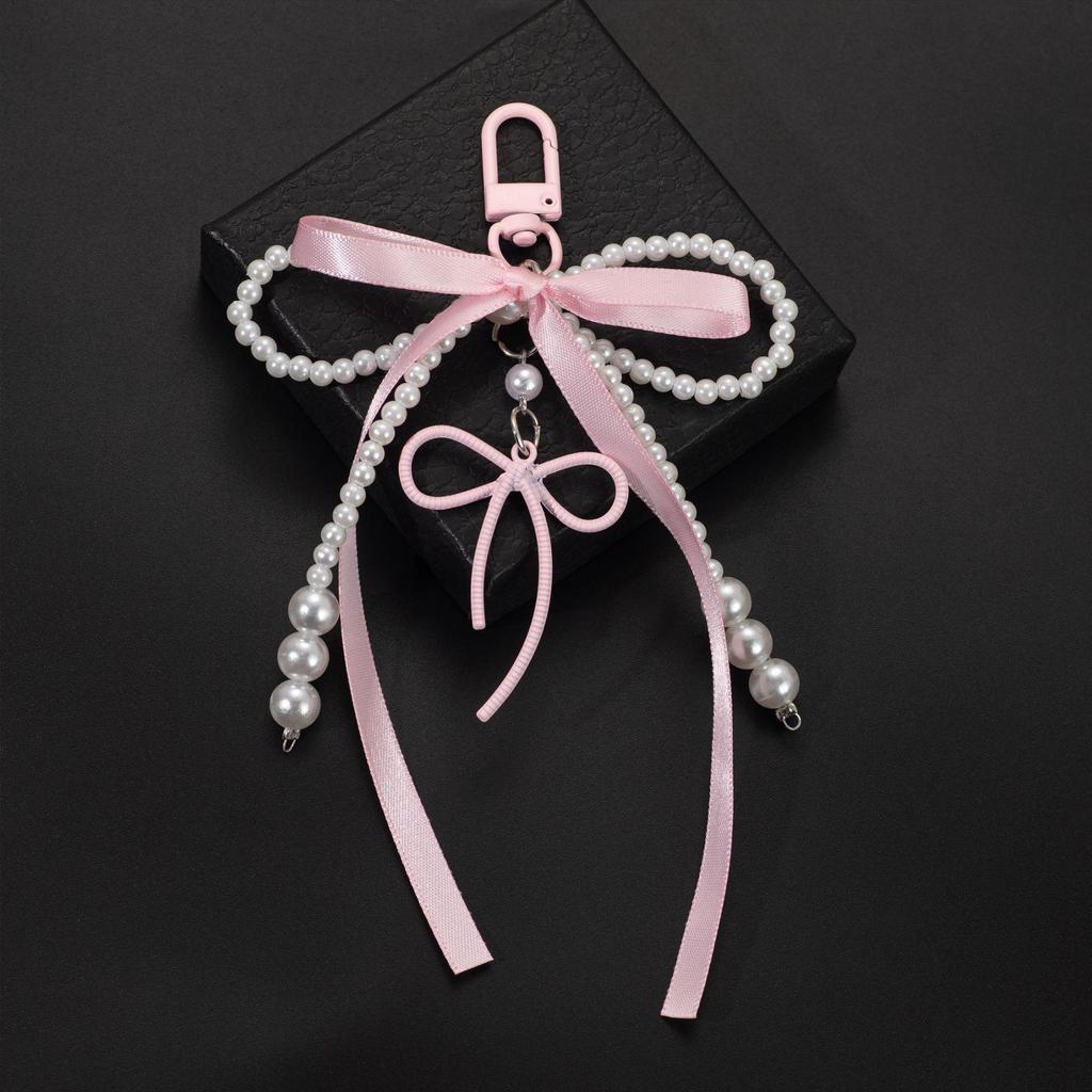 Korean Sweet Faux Pearl & Rhinestone Bow Keychain Charm