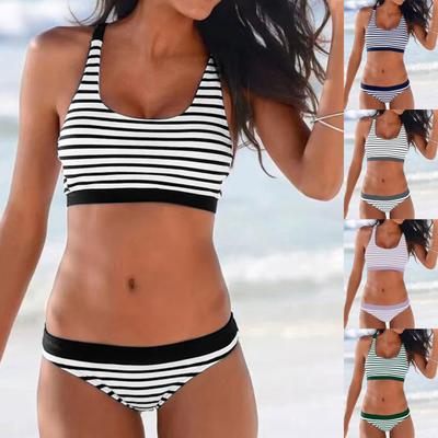 Split Bikini For Women Striped Print Push Up Bra Low Rise Bikini Bottoms Two Piece Backless Beach Vacation Biquini Swimsuits