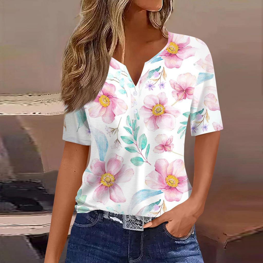 Damen-T-Shirt, T-Shirt, bedruckt, Knopfleiste, kurzärmelig, für den Alltag, Wochenende, modisch, Basic, V-Ausschnitt, normales Oberteil
