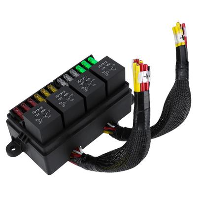 12V Předem zapojená pojistková reléová skříňka se 4ks 4pinových 40A relé a 12 pojistkami pro auto, automobil, námořní plavidlo, loď