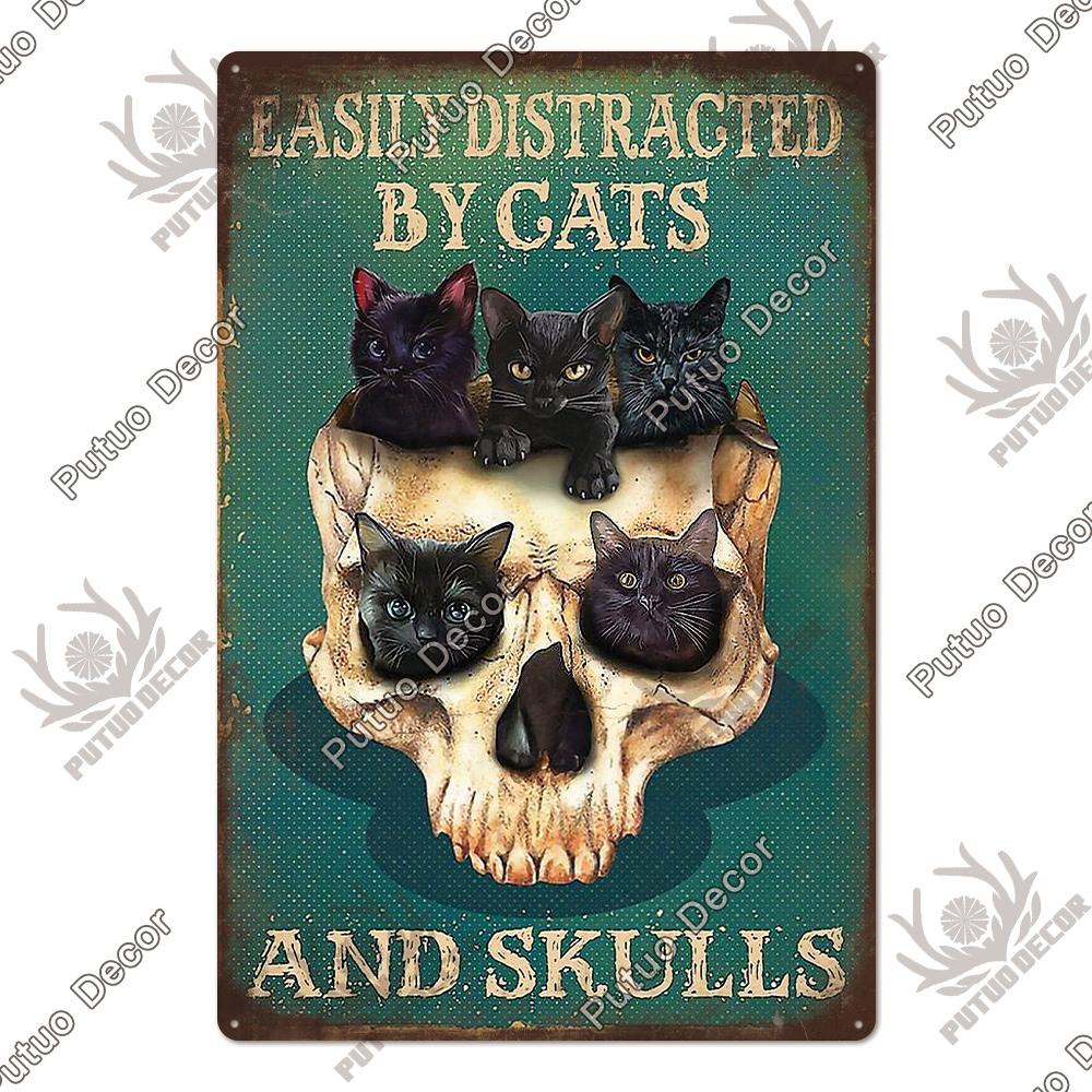 Putuo Decor Black Funny Cat Metal Sign Vintage Plaque Metal Retro Animals Tin Poster for Living Room Home Decoration Wall Decor
