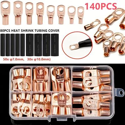 140PCS Ring Terminal Cable Shoes Lugs 35mm2 Tinned Copper Lug Wire Eye Connectors Bare Terminals Lugs Wire Copper Kit