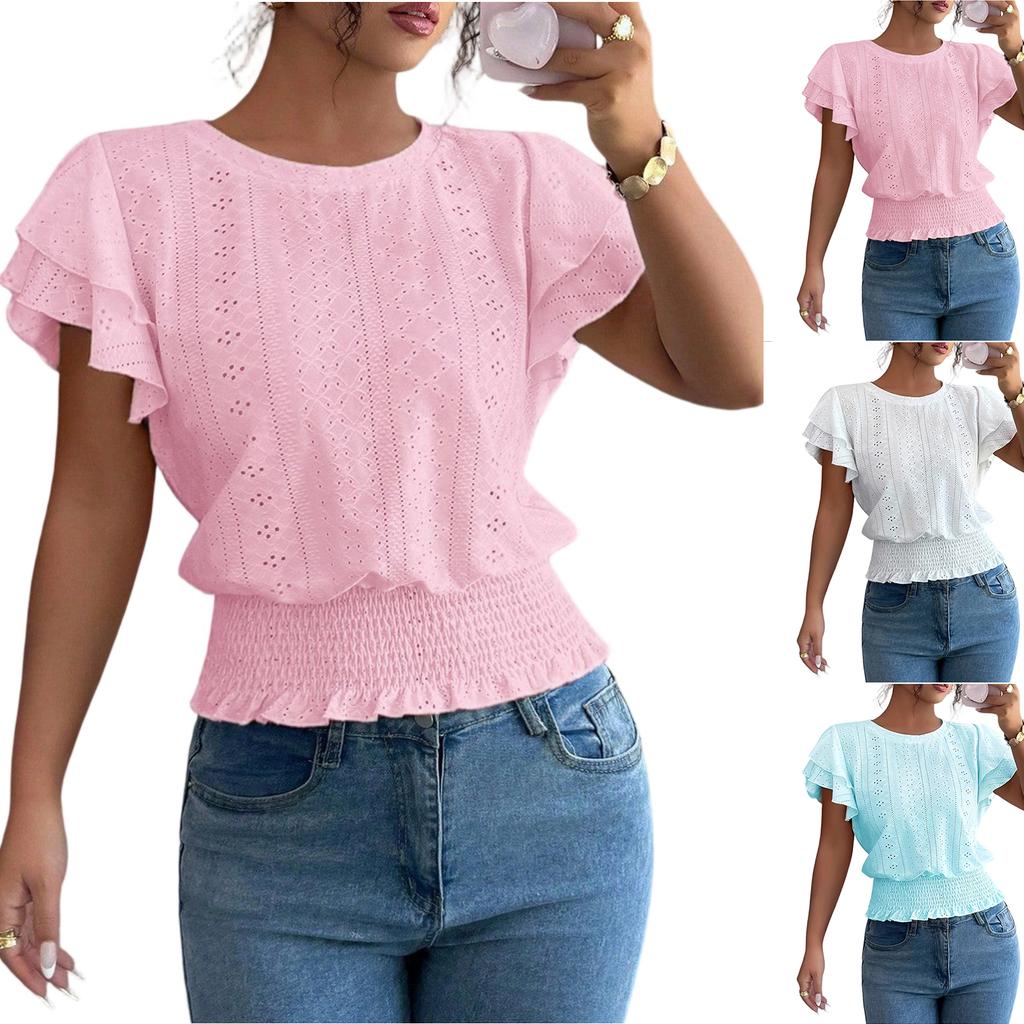 Women's Casual Hollow-out Sleeve Round Neck Short-sleeved T-shirt Top