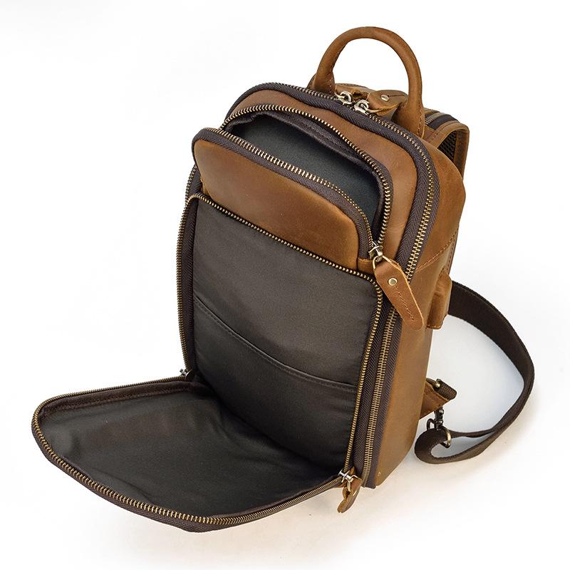 Retro Men'S Leather Breast Bag Usb Multifunctional Charging Crazy Horse Leather Crossbody Bag Men'S Shoulder Bag Large Capacity Backpack