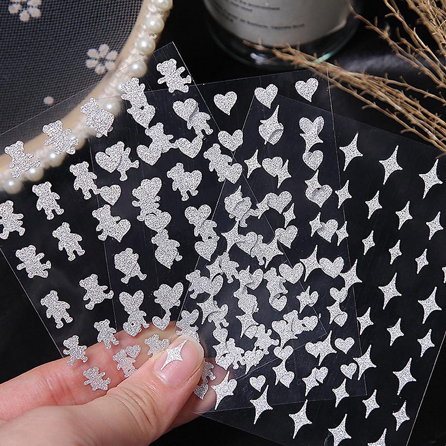 2 Sheets Glitter Silver Nail Stickers, Heart Bear Star Butterfly Designs Decals for Nail Art Decoration