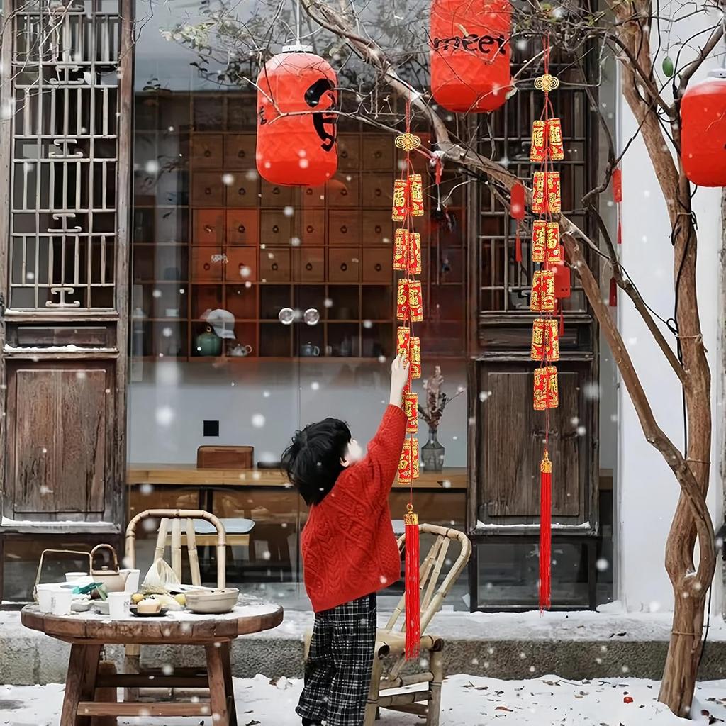 Chinese New Year Hanging Decorations 2 Pack Large Firecrackers Decor Traditional Red Lucky Oriental Pendant Ornaments for Lunar New Year Decorations