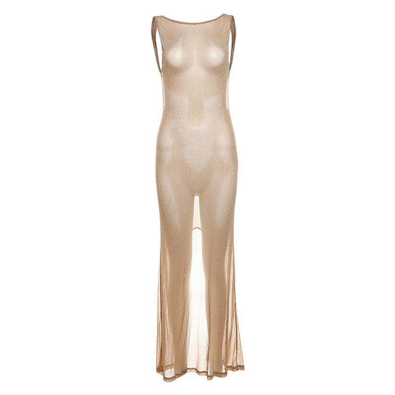 

Летняя Новинка Женская Сексуальная Открытая Спина Облегающая Длинная Юбка Однотонное Платье на Бретелях с Разрезом Женское M хаки