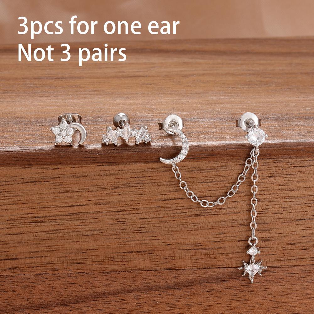 New Arrival 3PCS Stainless Steel Fashion Tassel Chain Stud Piercing Earrings Set For Women Zircon Wedding Party Jewelry Gifts