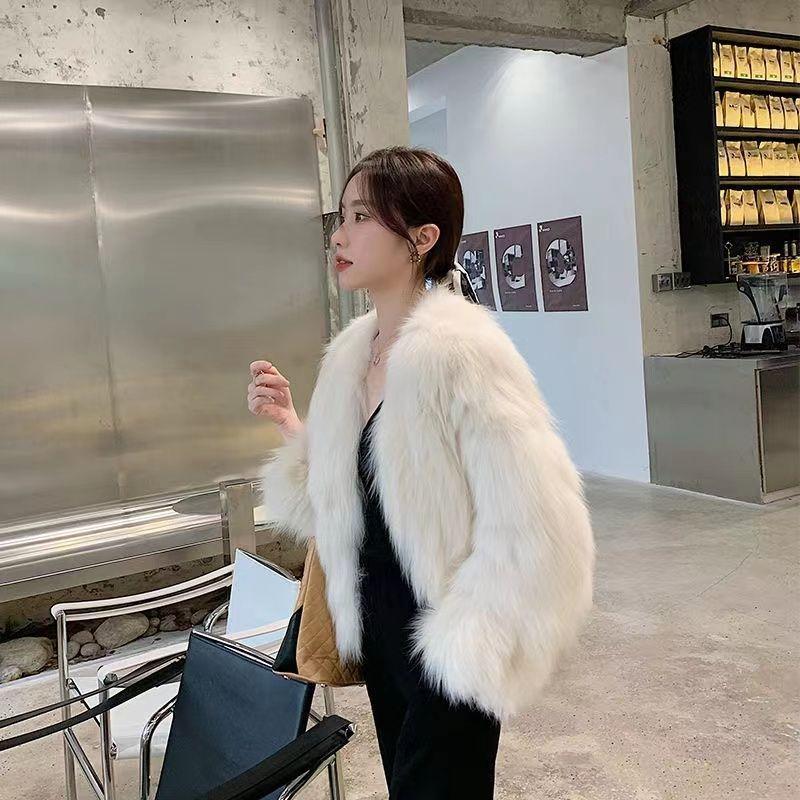Autumn and winter new simple imitation fox fur coat women's high waist short wool coat light