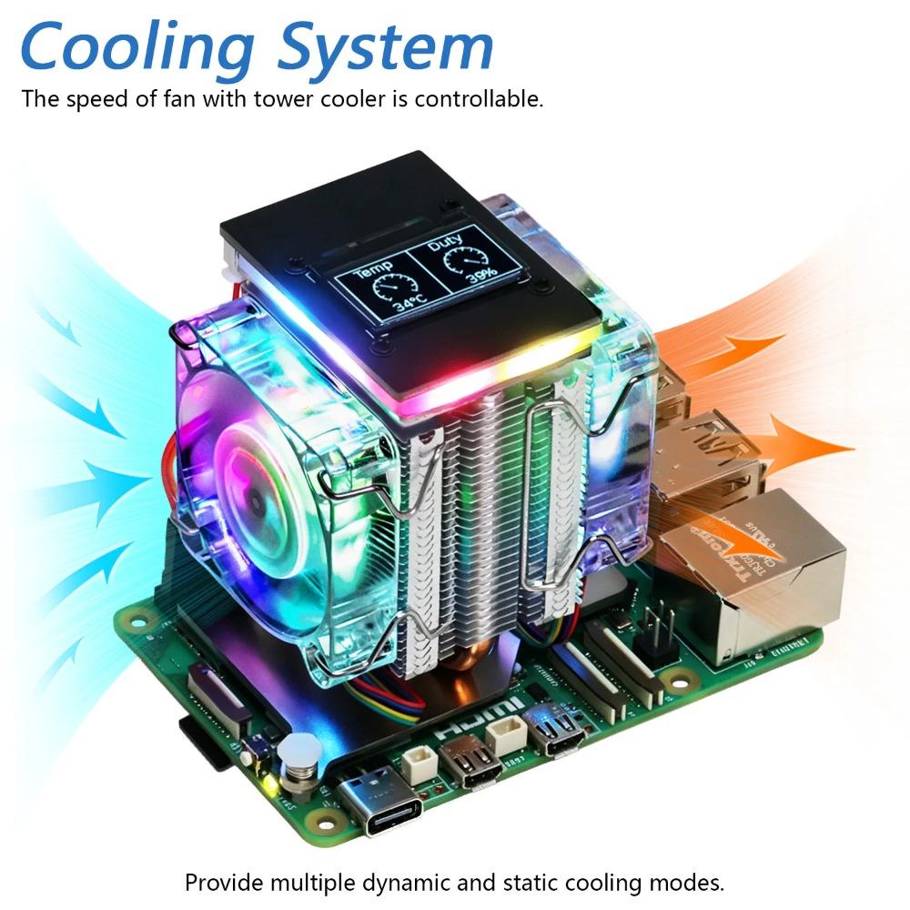 Refroidisseur Actif Freenove pour Raspberry Pi 5 Dissipateur Thermique, 1 / 2 Ventilateurs PWM Synchronisation Lumière ARGB, Écran OLED, Modes de Refroidissement et d'Éclairage Multiples