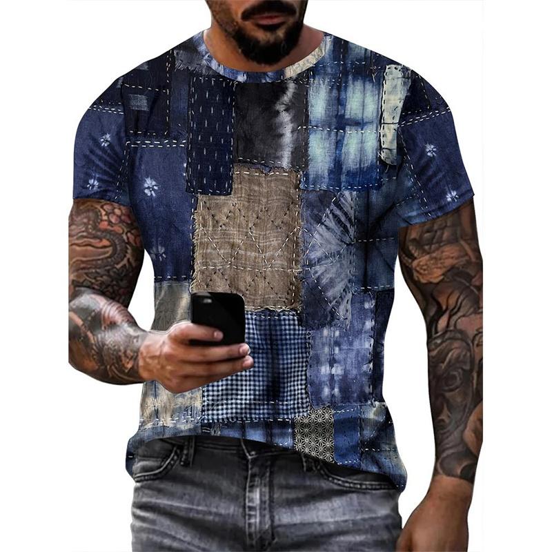 Vintage Patchwork Denim Graphic T-shirts Summer Fashion Short Sleeve Trend Streetwear 3D Printed T Shirts Casual Loose Mens Tees