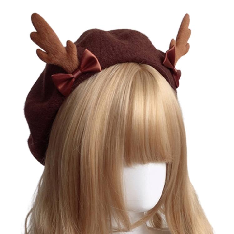 

Sweet Cool Lolita Biscuits Beret Fashion Cute Lolita Antler Beret Cap Lady Party темно-коричневого