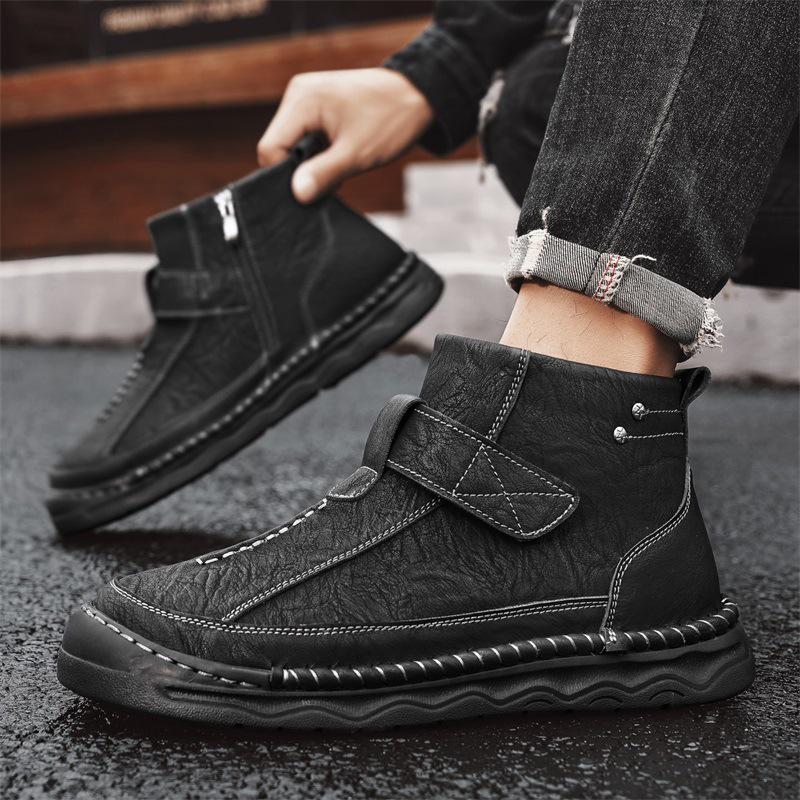 Men's Large Size Handmade Leather Martin Boots - Autumn Mid-top Outdoor Casual Shoes