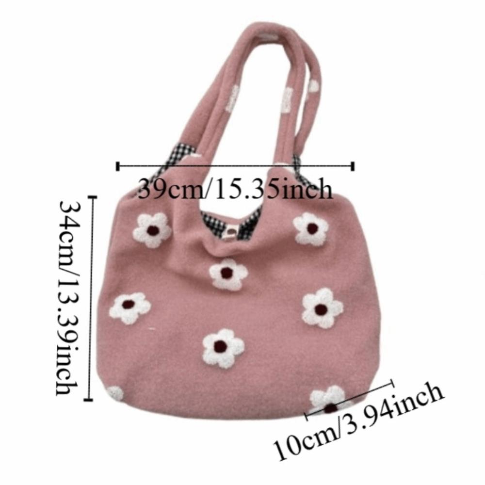 Cusual Embroidery Flower Tote Bag Large Capacity Fluffy Shoulder Bag Plush Underarm Bag Travel