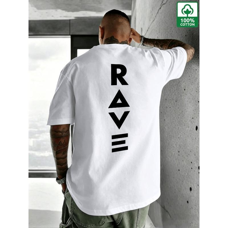 RAVE Vertical Letter Print Cool Men's Cotton Short-Sleeve T-Shirt,Breathable and Skin-Friendly,Crew Neck,Versatile and Slimming, Streetwear Style