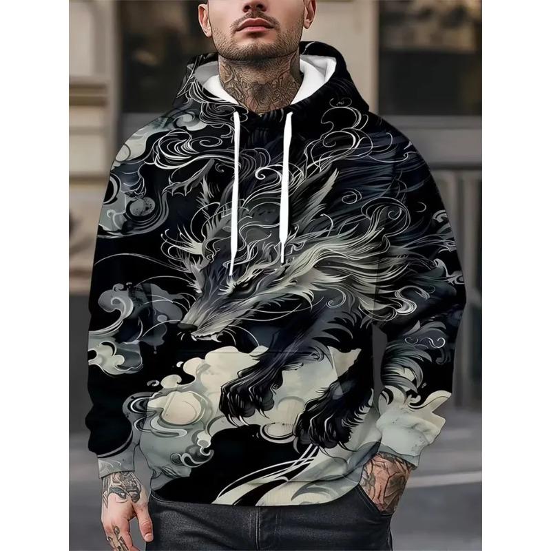 Men's Autumn and Winter 3D Dragon Printed Hooded Sweater Hoodies & Sweatshirts (men’s)