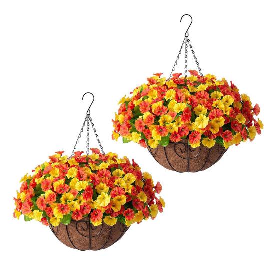 Artificial Hanging Fake Flowers with Basket Outdoor UV Resistant Faux Silk Morning Glory Vines Plants for Porch Patio Garden Balcony Yard Spring