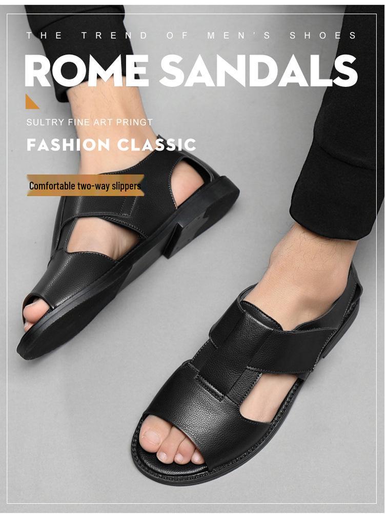 Men's 2024 Summer Roman Sandals - Trendy Open Toe Cowhide Casual Slippers for Outdoor and Beach