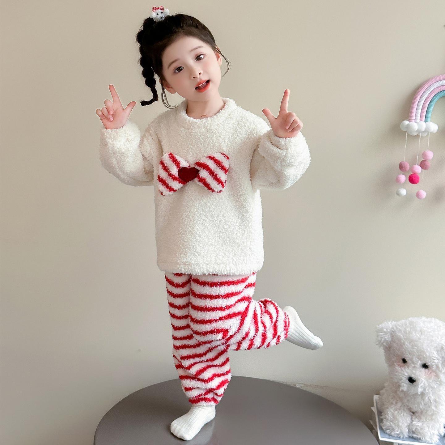 

Комплект фланелевой пижамы в полоску с бантом для девочек - Уютная осенне-зимняя домашняя одежда для малышей 2025 140 cm белый/кремовый