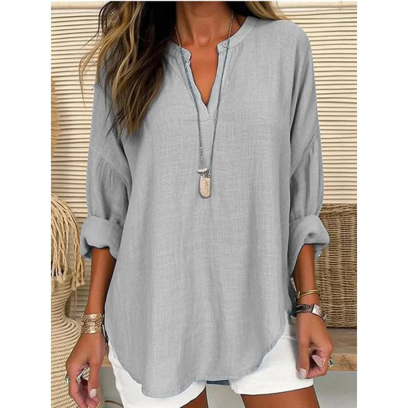 Women's Henley V Neck Long Sleeve Loose Solid Linen Blend Tunic Top Plus Size Casual Blouse