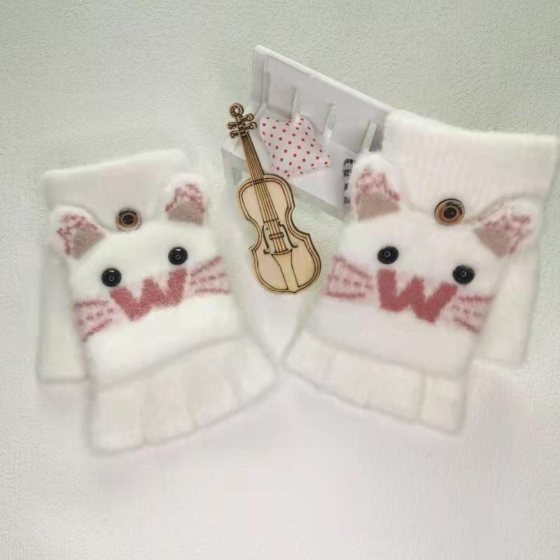 Dětské zimní teplé a proti omrzlinám ruce roztomilé kreslené pletené rukavice bez prstů s odklápěcím palčákem pro chlapce a dívky, starší děti a studenty