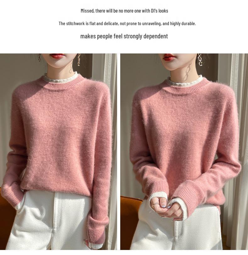 Women's Pink Color Block Wool Sweater: Autumn/Winter, Loose, Thick, Round Neck, Fake Two-Piece, Lazy Knit Base Layer