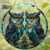 Colorful Animal Art Double Owl Suncatcher Window Hanging Ornament, Stained Glass Style Circular Wall Indoor Outdoor Ornament Decor, Green for