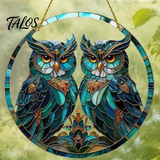Colorful Animal Art Double Owl Suncatcher Window Hanging Ornament, Stained Glass Style Circular Wall Indoor Outdoor Ornament Decor, Green for
